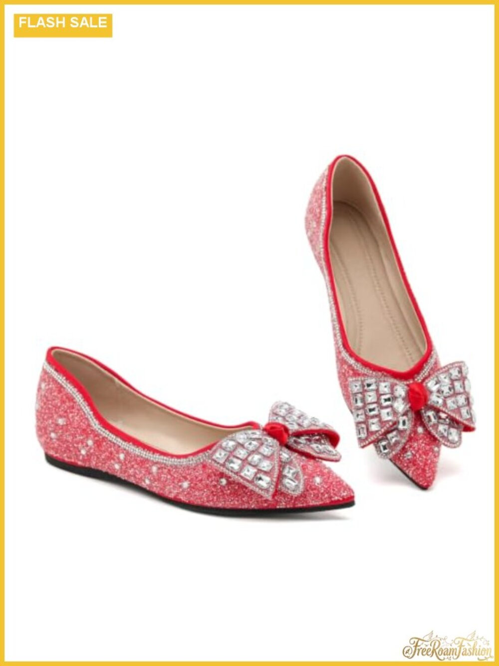 Women's Diamond Bow Ballet Flats Slip On Comfort Casual Shoes Pointed Toe